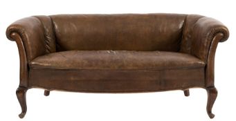 A Swedish Chesterfield style sofa:, upholstered in plain brown leather, on cabriole front legs,