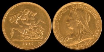 A Queen Victoria five pound coin dated 1893: veiled bust left, St George to the reverse,