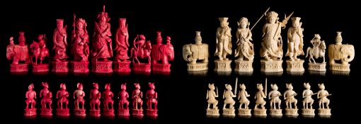 A 19th century Chinese export ivory part chess set: one side stained red, the other left natural,