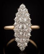 A diamond marquise-shaped ring: set throughout with old, brilliant-cut diamonds,