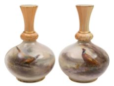 A pair of Royal Worcester vases by James Stinton: each of squat baluster form with leaf moulded