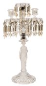 A figural glass candelabra: modelled with a moulded frosted glass female figure on a lobed domed
