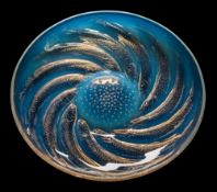 A Lalique opalescent glass dish 'Poissons': the exterior intaglio moulded with bubbles and