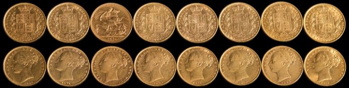 Eight Victoria 'young head' sovereigns: with dates ranging 1855 to 1876.