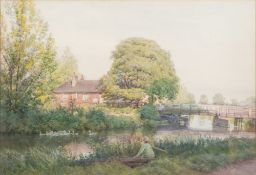 Henry Sykes [1855-1921]- A rural river scene; a fisherman in the foreground,