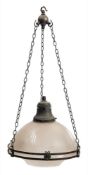A Victorian opaque glass ceiling light: the domed and fluted shade supported on a bronzed metal