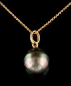 A single cultured black pearl pendant: the cultured pearl approximately 14mm x 13mm suspended from