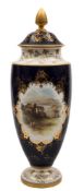A Coalport porcelain topographical vase and cover: of footed oviform painted with a gilt edged