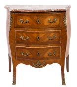 A French mahogany crossbanded and inlaid serpentine fronted bombe commode:, in the Louis XV taste,