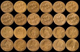 Twelve Victorian sovereigns: with dates ranging 1884 to 1900.