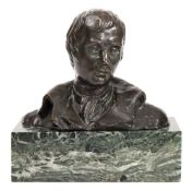 A bronze bust of a youthful Robert Burns: unsigned, mounted on a rectangular marble base,