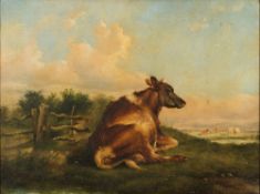 Circle of Thomas Sidney Cooper [1803-1902]- Single cow resting by a stile, cattle grazing beyond,