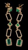 A pair of emerald and diamond mounted pendant earrings: each with square and rectangular links