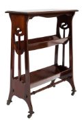 An Edwardian mahogany and inlaid three tier standing book trough:, crossbanded in satinwood,