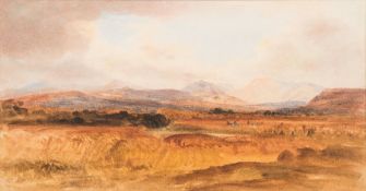 Peter De Wint [1784-1849]- Harvesters at work in an extensive mountain landscape,