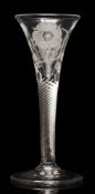 An English wine glass of Jacobite interest: the trumpet shaped bowl engraved with a rose and two