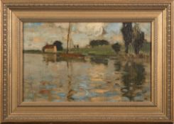 * Attributed to Bertram Walter Priestman [1868-1951]- Lakeside Cottage,:- oil on board 29 x 47cm.