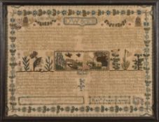 An early 19th century needlework sampler: with banded decoration of verse and panels of flowers,