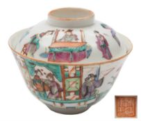 A Chinese porcelain bowl and cover: the exterior decorated in famille rose enamels with figures