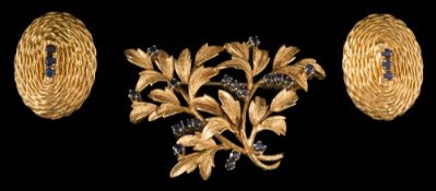 A sapphire mounted spray brooch: stamped '18K' and a pair of 18ct gold and sapphire mounted,