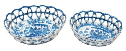 Two Bow blue and white oval baskets: of flared lattice work form,