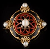 A late 19th century enamelled baroque pearl and rose diamond circular brooch: approximately 46mm
