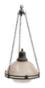 A Victorian opaque glass ceiling light: the domed and fluted shade supported on a bronzed metal