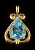 A pear-shaped blue topaz single-stone pendant: with applied plaque inscribed 'Ron McNamer' and