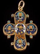 An early 20th century enamelled cross pendant: decorated in polychrome enamel depicting images of