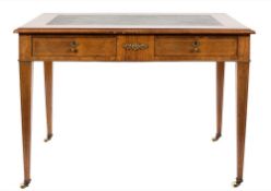 An early 20th Century French walnut, inlaid and gilt metal mounted rectangular writing table:,