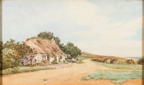 James Alfred Aitken [1846-1897]- A Scottish landscape, figures outside a thatched cottage,