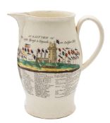 A Liverpool creamware jug: of baluster form with strap handle printed in black and coloured with a