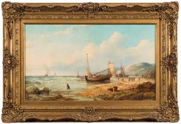 John (Jock) Wilson [1818-1875]- A shore scene; low tide with beached fishing vessels and fisherfolk;