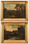 Anglo/Irish School circa 1800- Travellers resting; Punt in a river, sheep grazing,:- a pair,