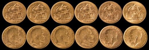 Six sovereigns: with dates ranging 1907 to 1912.