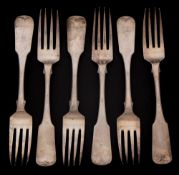 Six George III Irish silver fiddle pattern table forks, maker William Ward,