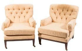 A pair of Edwardian mahogany frame armchairs:, fully upholstered in pale yellow damask fabric,