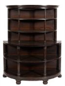 A stained and simulated rosewood graduated five tier half-round open display stand:,