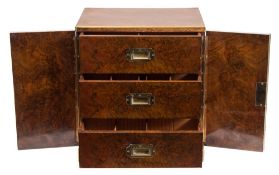 A late 19th century burr walnut and brass strung table top humidor: of rectangular outline,