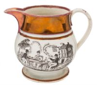 An amusing and bawdy transfer decorated pottery jug: one side printed in black with two gentlemen