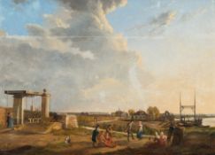 Attributed to Vincent Van Der Vinne [1663-1721]- A garrison by a river with townsfolk gathering in