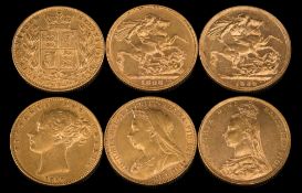 Three Victorian sovereigns;: 'young head' with shield reverse dated '1869',