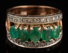 An emerald and rose-cut diamond cluster ring: with central row of graduated, oval emeralds,