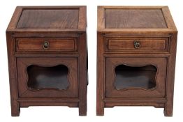 A pair of Chinese Hua Li wood square two tier urn tables:, each fitted with a drawer,