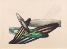 Yoshito [20th Century Anglo/Japanese]- Space-Time 17,:- coloured etching on embossed paper signed,