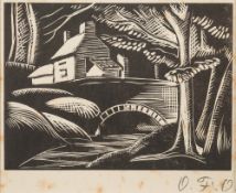 * Olive F Openshaw [1930s-50s]- A wooded river landscape, bridge and cottage in the distance,