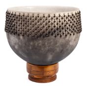 A studio pottery bowl: of deep 'U' shaped form the rim applied with five rows of applied beads