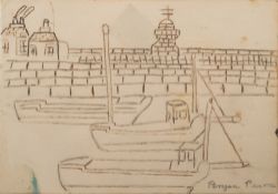 * Bryan Pearce [1929-2006]- Smeatons Pier with anchored fishing boats in the foreground,