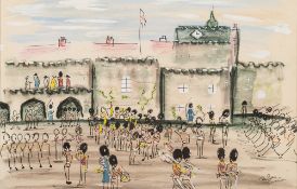 * John Paddy Carstairs [1916-1970]- Guardsmen on Parade,:- signed watercolour, pen and ink drawing,