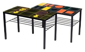 Two 1960's wrought iron and tiled top coffee tables:,